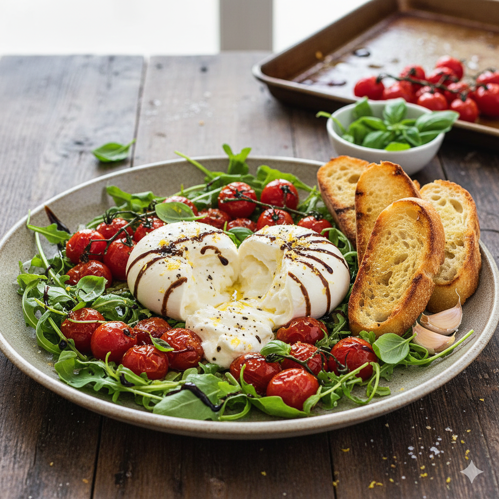 Recette Burrata Salade Tomates R ties Et Pain Grill Facile En 30 Min