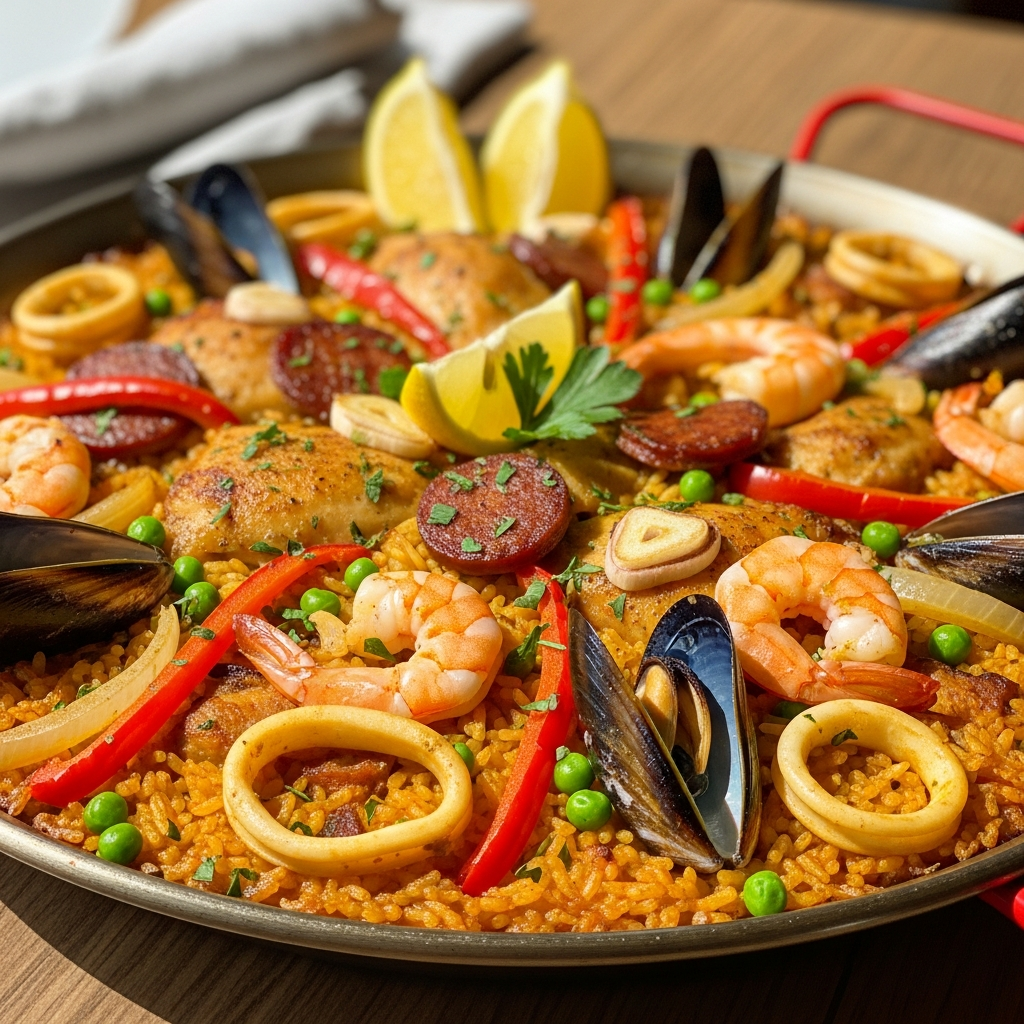 Recette du paella mixte : paella espagnole au poulet et fruits de mer