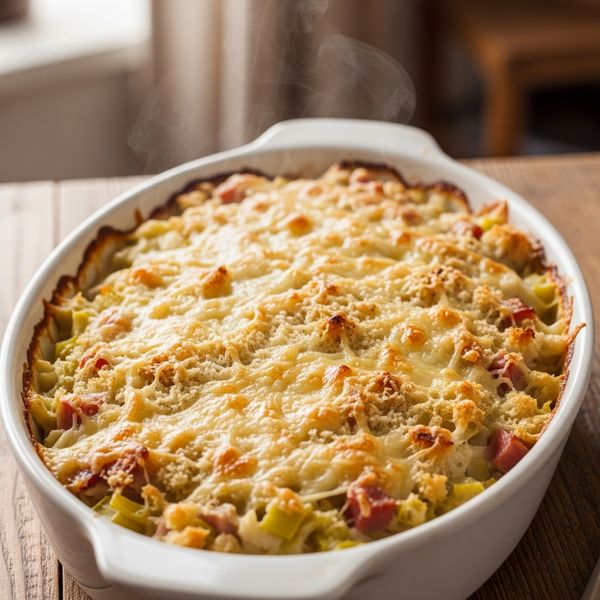 Gratin de poireaux au jambon crémeux et gratiné