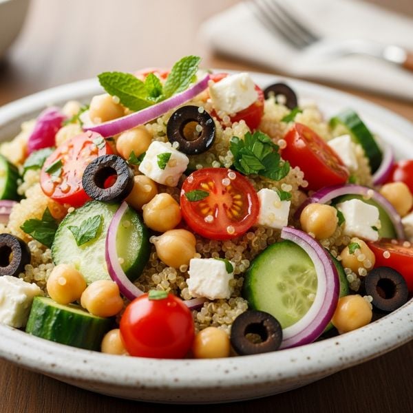 Recette salade méditerranéenne : quinoa, pois chiches et feta (recette salade)